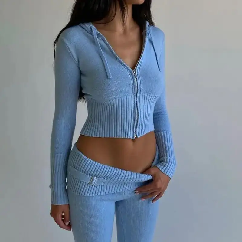 New Hoodie Cropped Top und Hosen Sets High Waist Flare Pants Anzüge Pink Knitted Womens Y2k Zweiteiler Set