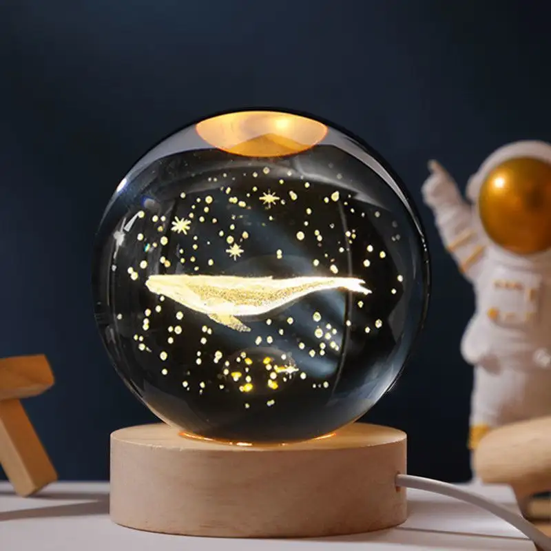 Boule de cristal cadeau d'anniversaire décoration solide système solaire lune ronde base en bois lampe de bureau blanc chaud veilleuse