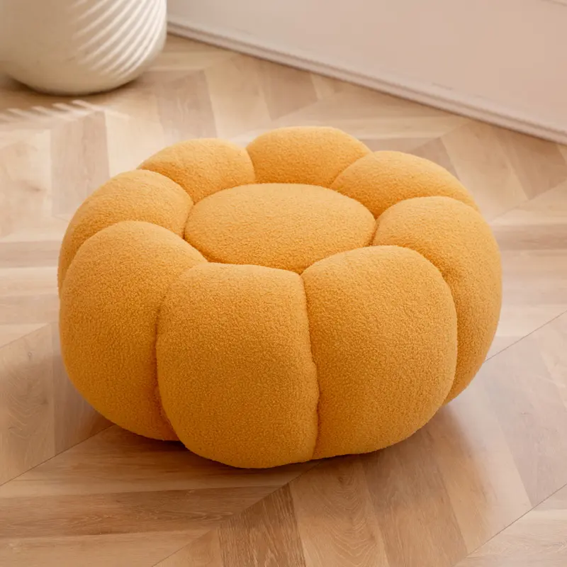 Muebles modernos para sala de estar taburete otomano de terciopelo Boucle amarillo cojín suave PUF de calabaza redondo colorido