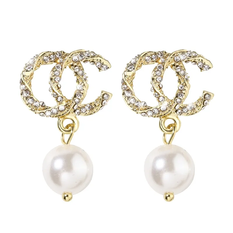 C Letter Silvery Needle Korea Simple Pearl Earrings wholesale Elegant All-match Crystal Set Sweet Fashion Earring