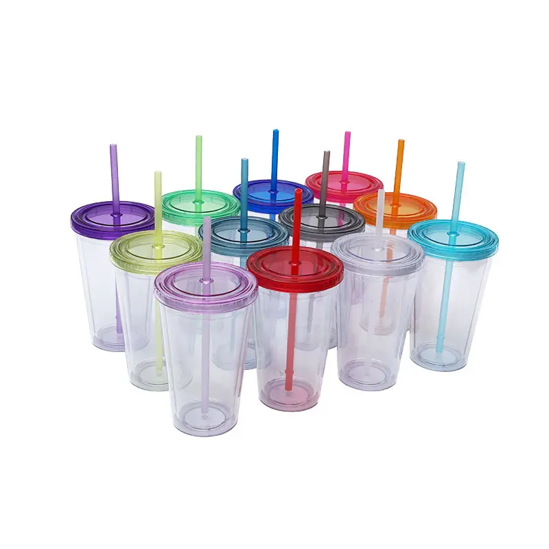 ขายร้อนที่มีสีสันฝาปิดแก้วฟาง 16 ออนซ์คลาสสิกฉนวนผนังคู่พลาสติกดื่มถ้วยแก้วCostomโลโก้พลาสติกถ้วยกาแฟ