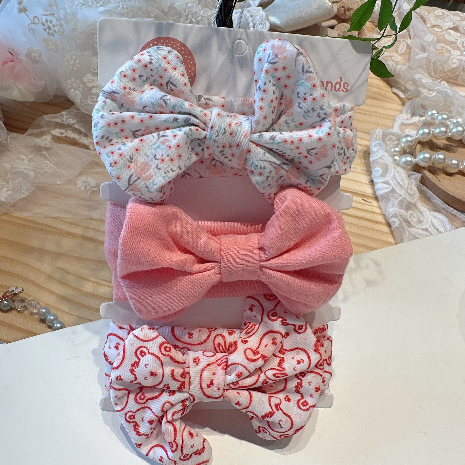 Conjunto de 3 piezas de algodón rosa intenso con diseño de oso floral 8664.