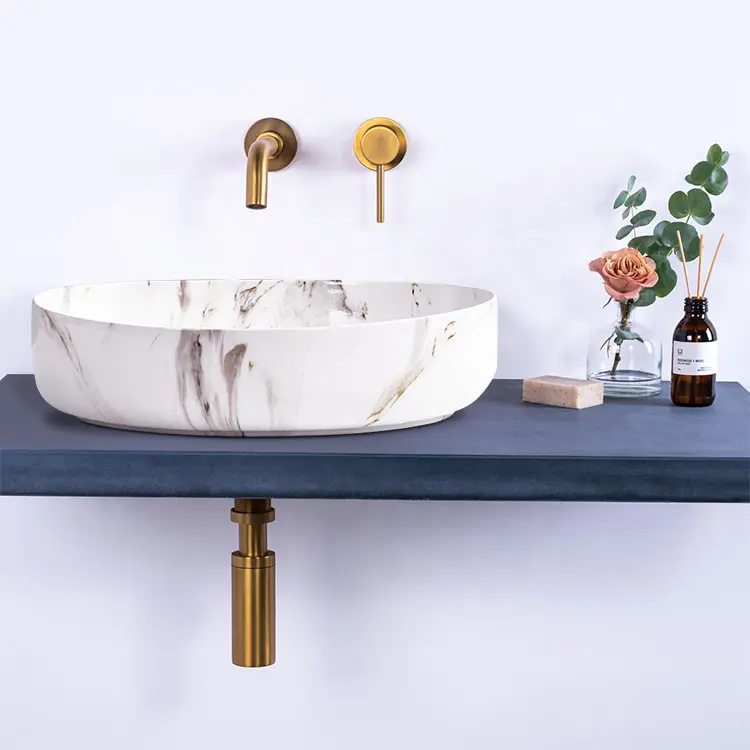 Unidad de tocador de baño, lavabo redondo ovalado, arte de transferencia de agua, lavabos de cerámica con patrón de mármol blanco