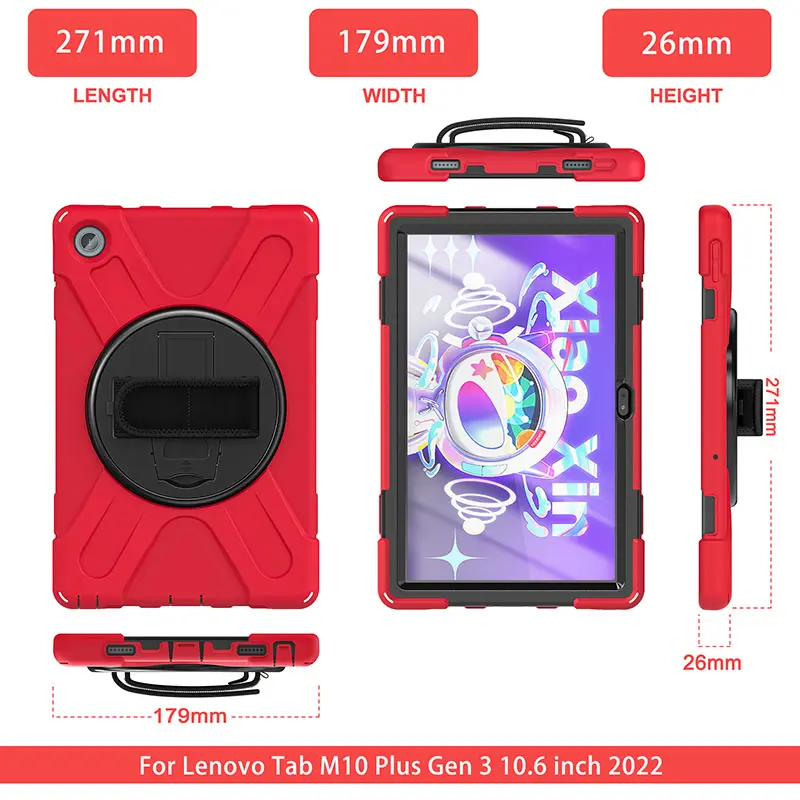For Lenovo Tab M10 Plus 3rd Gen 2022 10.6" TB-125F TB-128F silicone shockproof shoulder strap rotation stand rugged tablet case
