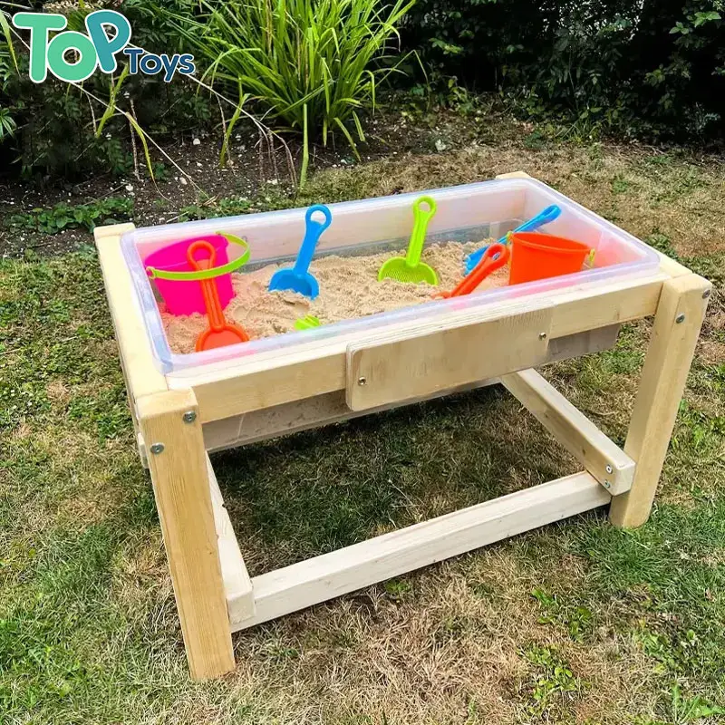 โต๊ะทำจากไม้และทรายสำหรับกิจกรรมของเด็กโต๊ะประสาทสัมผัสสำหรับเด็กวัยหัดเดินสองสถานี