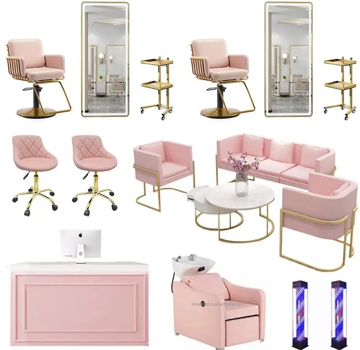 Barbershop Salon Makeup Stylish Hairdressing Barber Chairs Mirror Set Nail Table Pink Salon Furniture Set