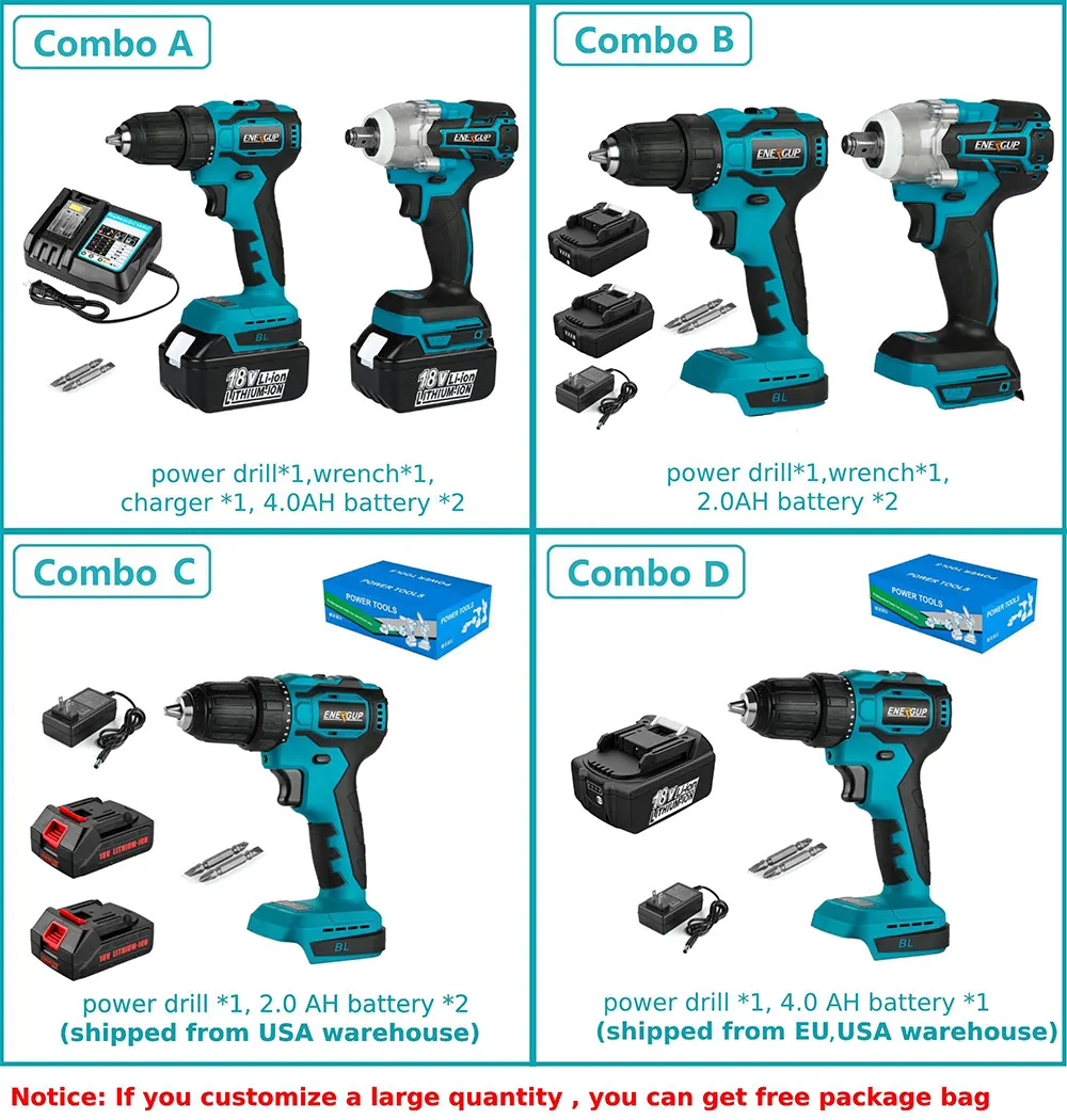 18V Custom Hand Drill Machine Lithium Battery Power Tools Drill Set Impact Cordless Hammer Drill for makita 18v combo kit