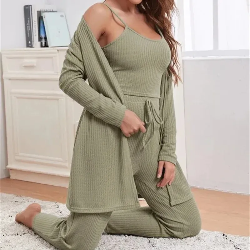 2024 Venta caliente ropa de casa europea y americana Halter Top pantalones bata pijamas mujeres Waffle Knit tres conjuntos