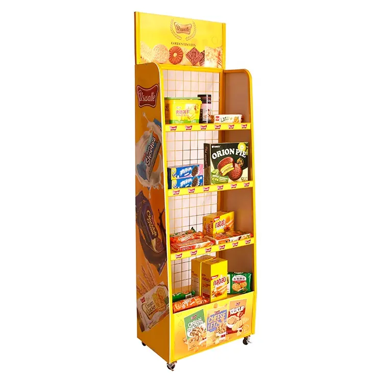 Panier de présentation de collations en jaune, personnalisé, pour les supermarché, présentoir de Snacks promotionnels, en-cas