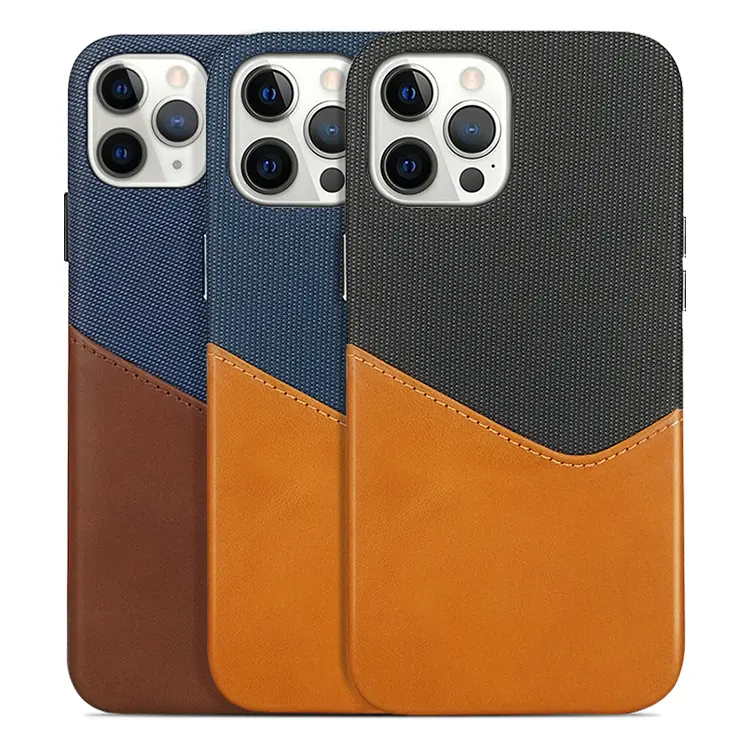 Funda trasera de cuero genuino y tela para teléfono móvil, con ranuras para tarjetas y botón de metal para iphone