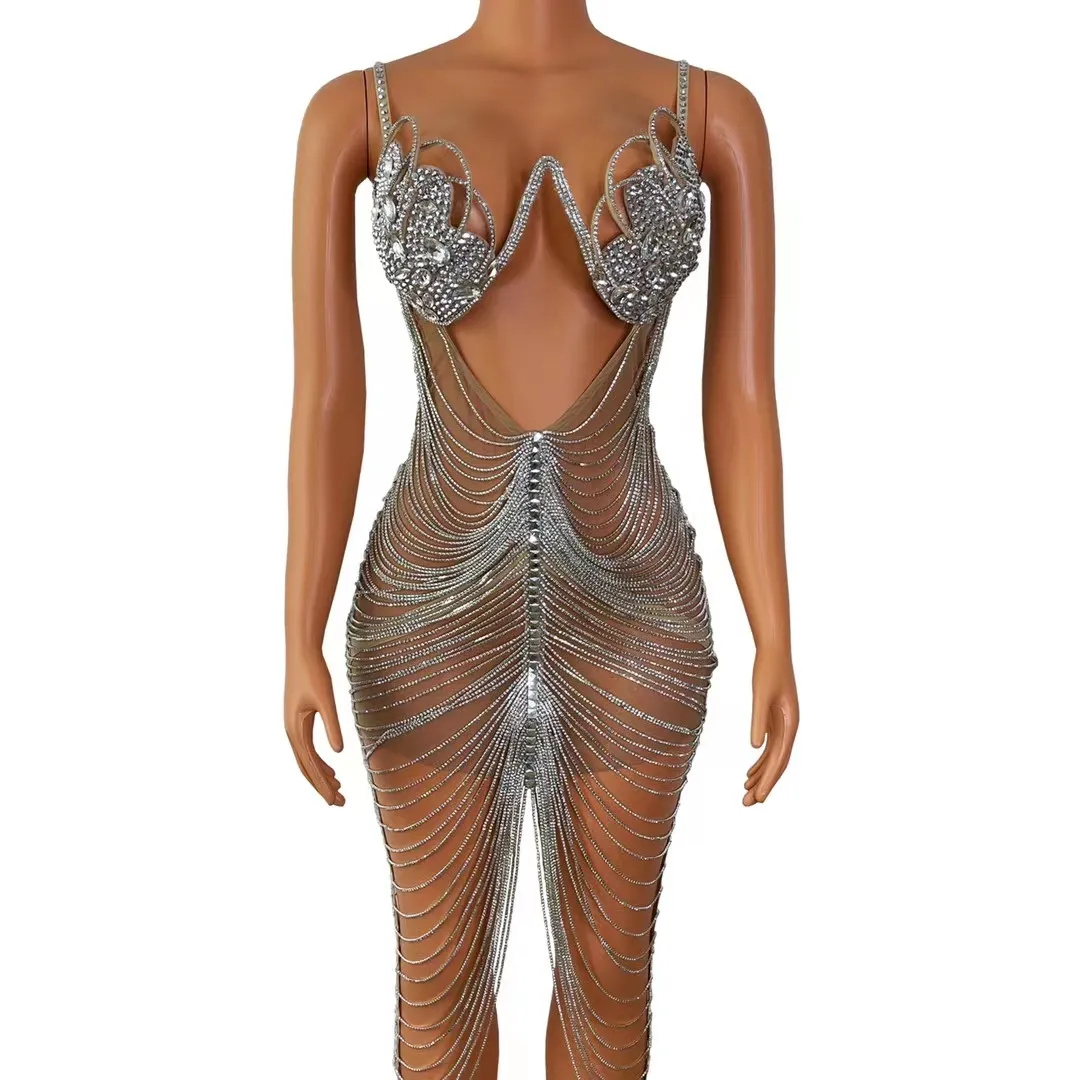 Sexy Spaghetti Slip See Through Rhinestone borla vestido de fiesta señora Latin Stripper Dancewear traje de escenario mujeres Prom Club vestido