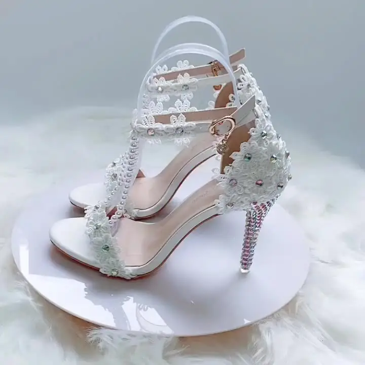 S973F sepatu pernikahan hak tinggi stiletto 9cm bunga renda manik-manik baru 2024 sepatu pernikahan berlian imitasi penggunaan pengantin lancip nyaman