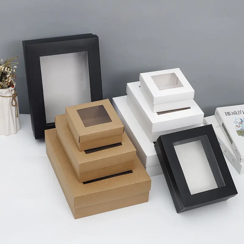 IMEE Custom Large Strong Gift Box White Black Kraft Folding Paper Square Box Separately Lid Hat Box with Window for Gift Cloth