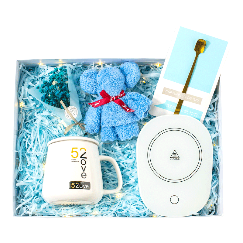 Blue-Heating cup with spoon+flower+towerl bear