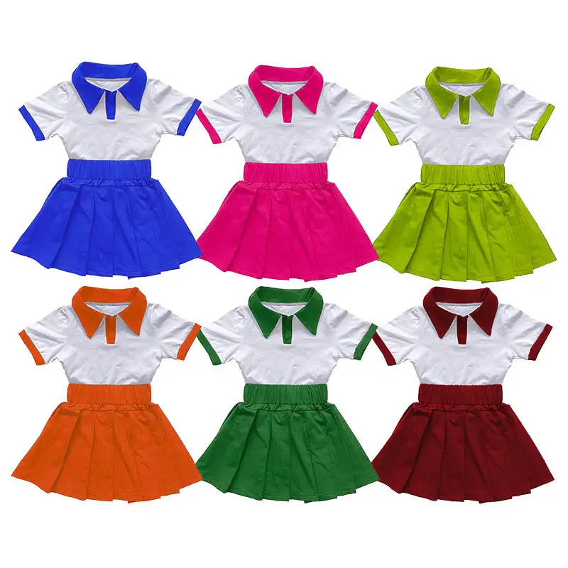 Toptan rahat kızlar elbiseler 2-12 çocuk giyim yaz kısa pilili yaz giysileri çocuklar için kız kısa pilili etek seti