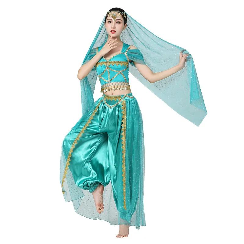 Großhandel 4Pcs Noble Princess Jasmine Cosplay Bühnen performance Dance wear Exotische indische Bauchtanz kostüme für Frauen