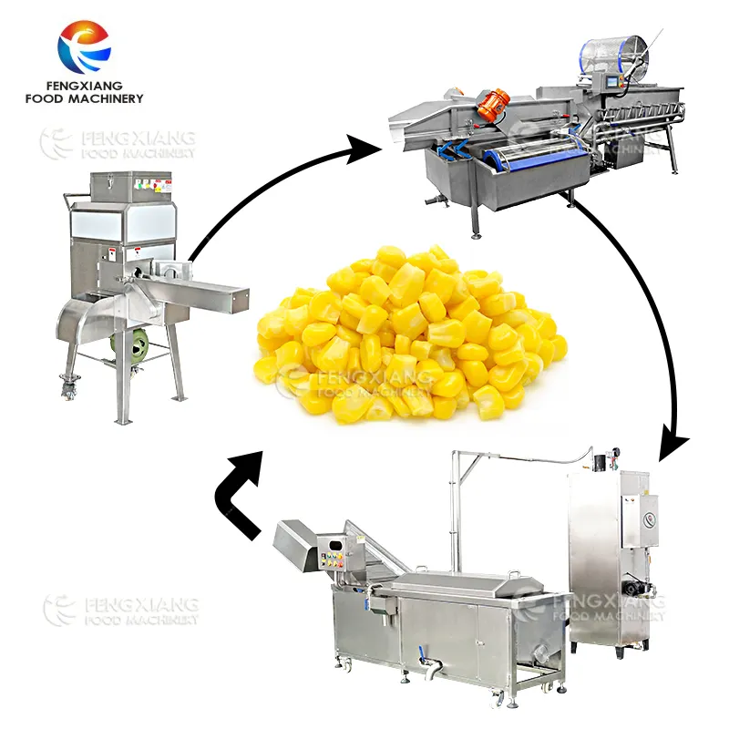 Máquina de procesamiento de trilla de maíz, máquina blanqueadora de lavado Niblet, secador de secado de deshidratación de maíz para proceso de aperitivos