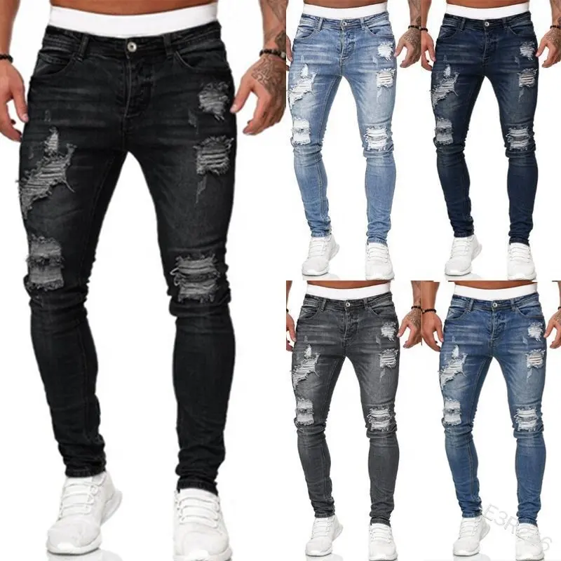 Vaqueros ajustados desgastados para hombre, Jeans con Logo personalizado de diseñador, estilo informal, venta al por mayor