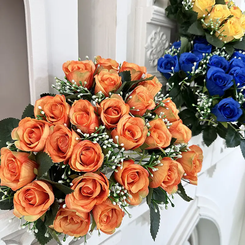 Buquê de flores artificiais para casamento, buquê de flores de alta qualidade com 24 cabeças de rosas para decoração de casa