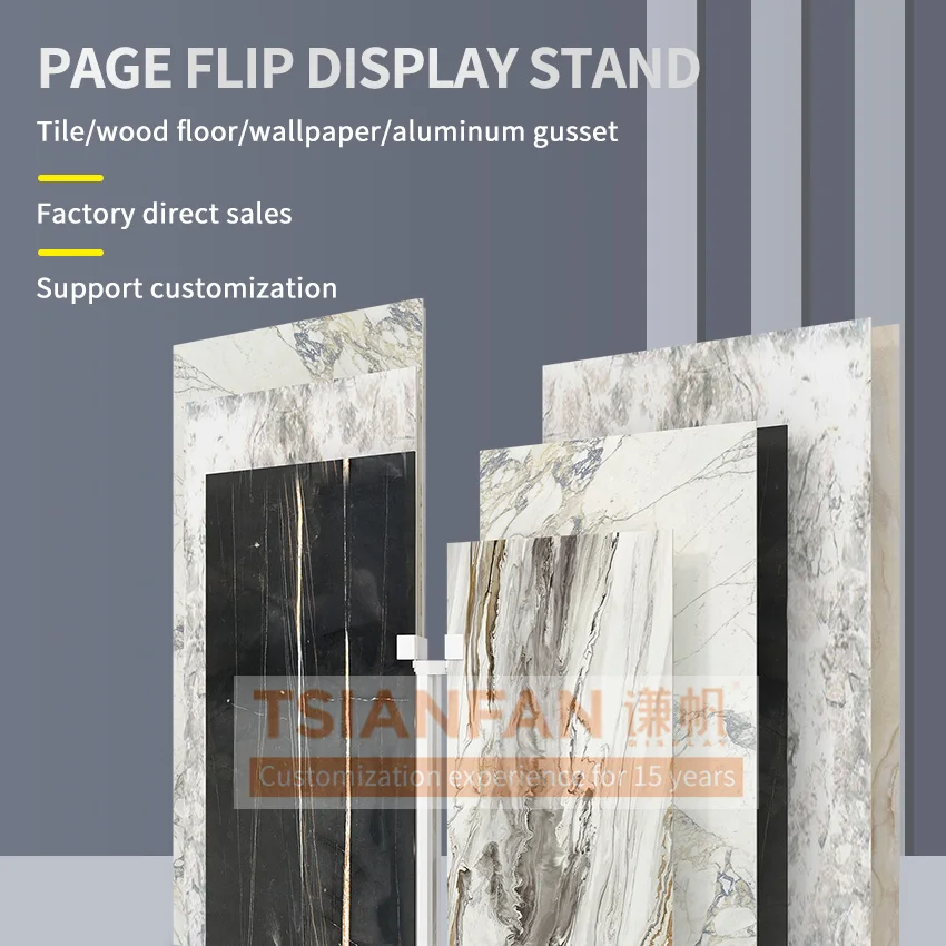 Tsianfan New Design Page Turning Type Panel Rotatable Slab Marble Granite Rack With Wheel Book Showing Stone Tile Display Stand