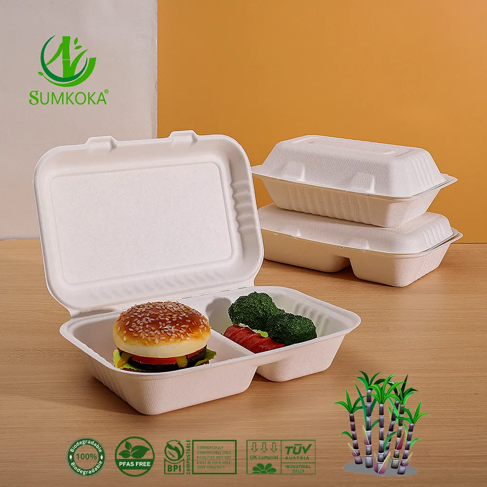 SUMKOKA PFAS Free Biodegradable Compostable Bagasse Pulp Food Clamshell Lunch Box Take Away Food Packaging Bagasse Box