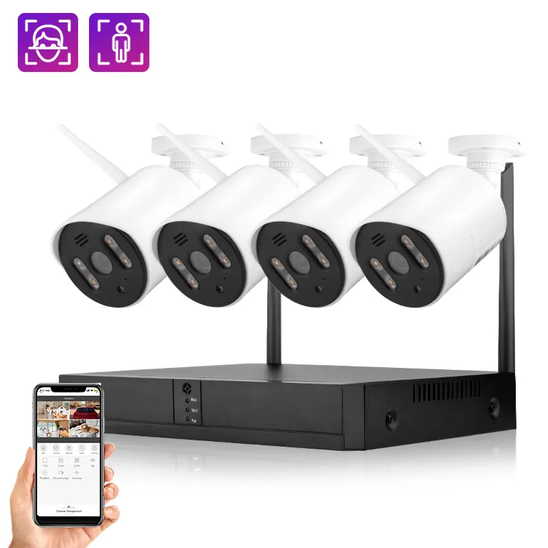 ICSEE Bộ Nvr Wifi 4ch Phát Hiện Khuôn Mặt & Con Người Bộ Camera Giám Sát Ngoài Trời HD 1080P Camera An Ninh Gia Đình Không Dây 4 Kênh