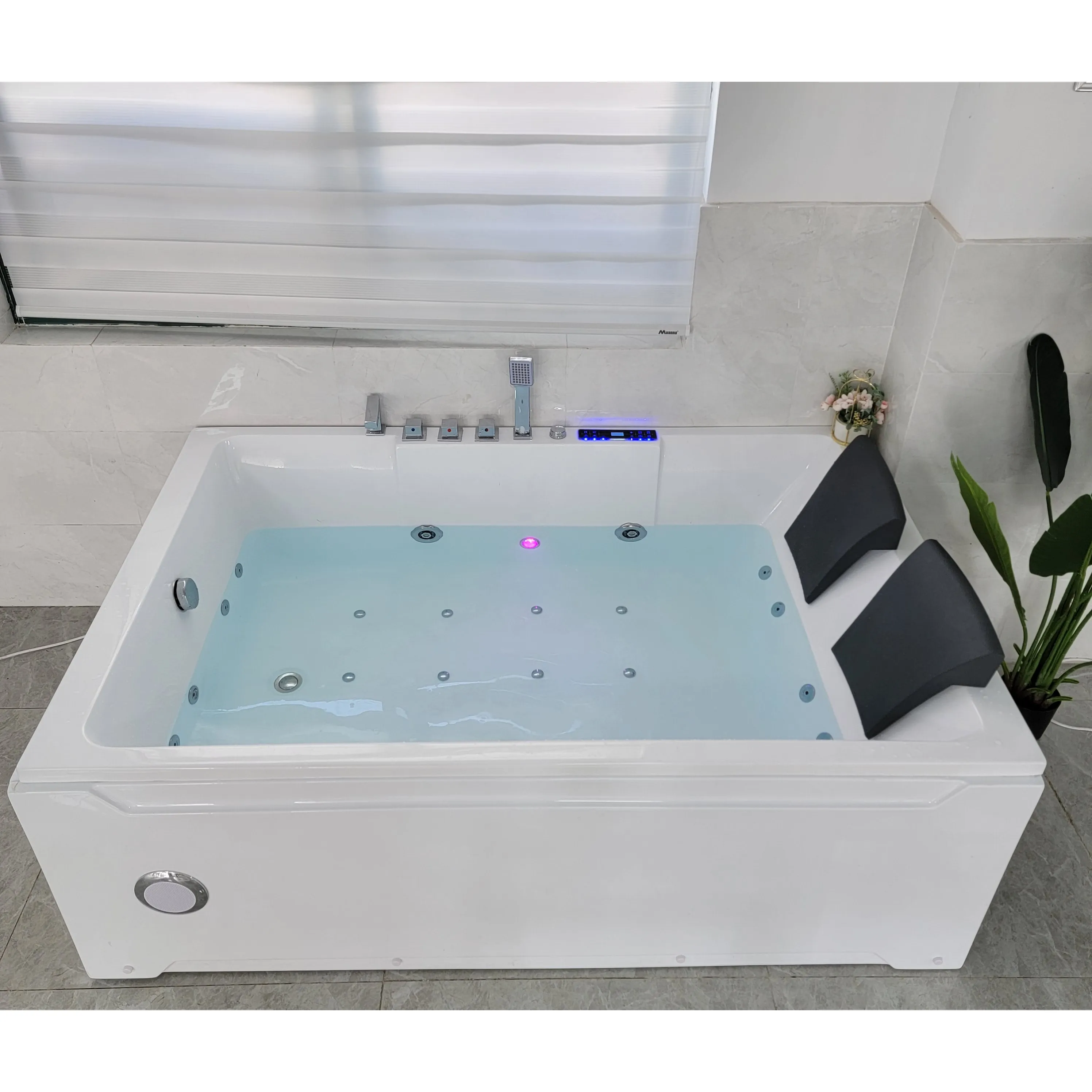 Bañera de hidromasaje con luz LED para 2 personas, spa rectangular, gran espacio, con radio FM