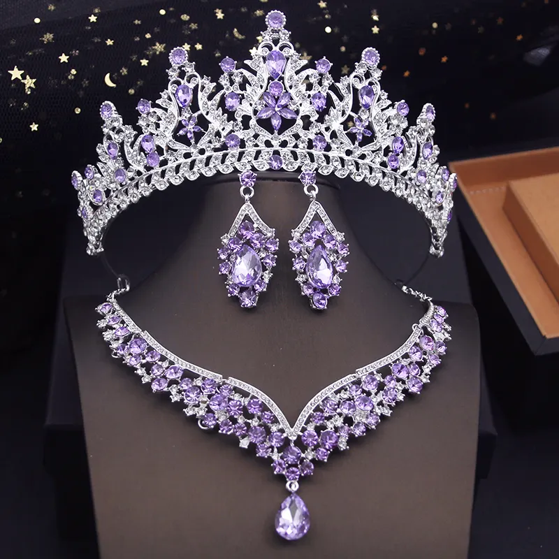 Луоксин, оптовая продажа, 3 комплекта, Хрустальная королевская королева, свадебная корона, свадебное ожерелье, набор серег