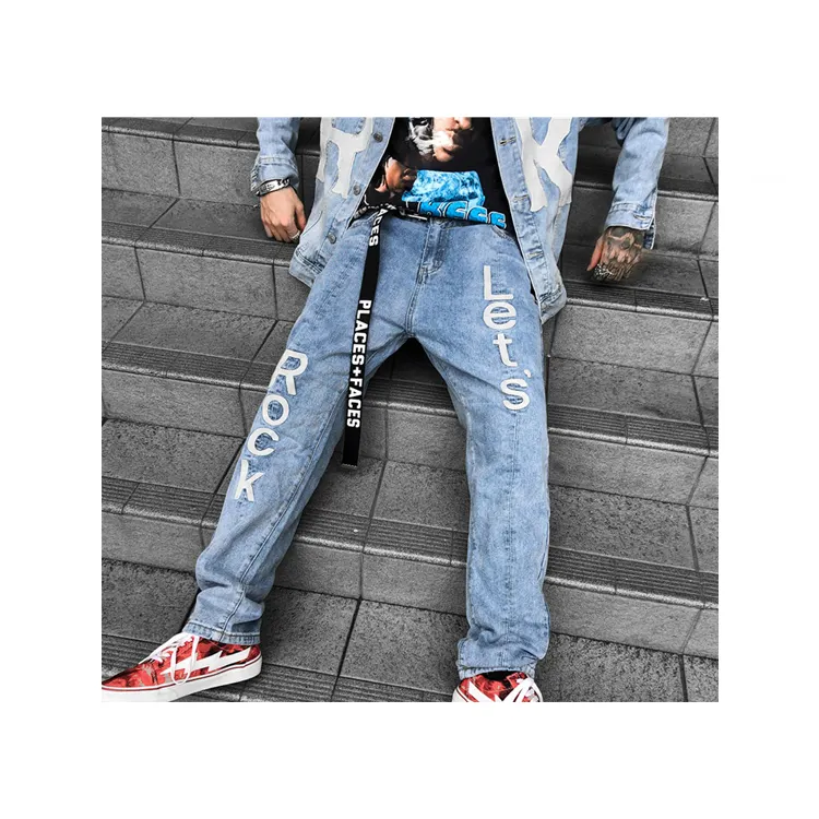 Summer popular custom print logo male straight baggy jeans casual joker hip hop style denim pants for men