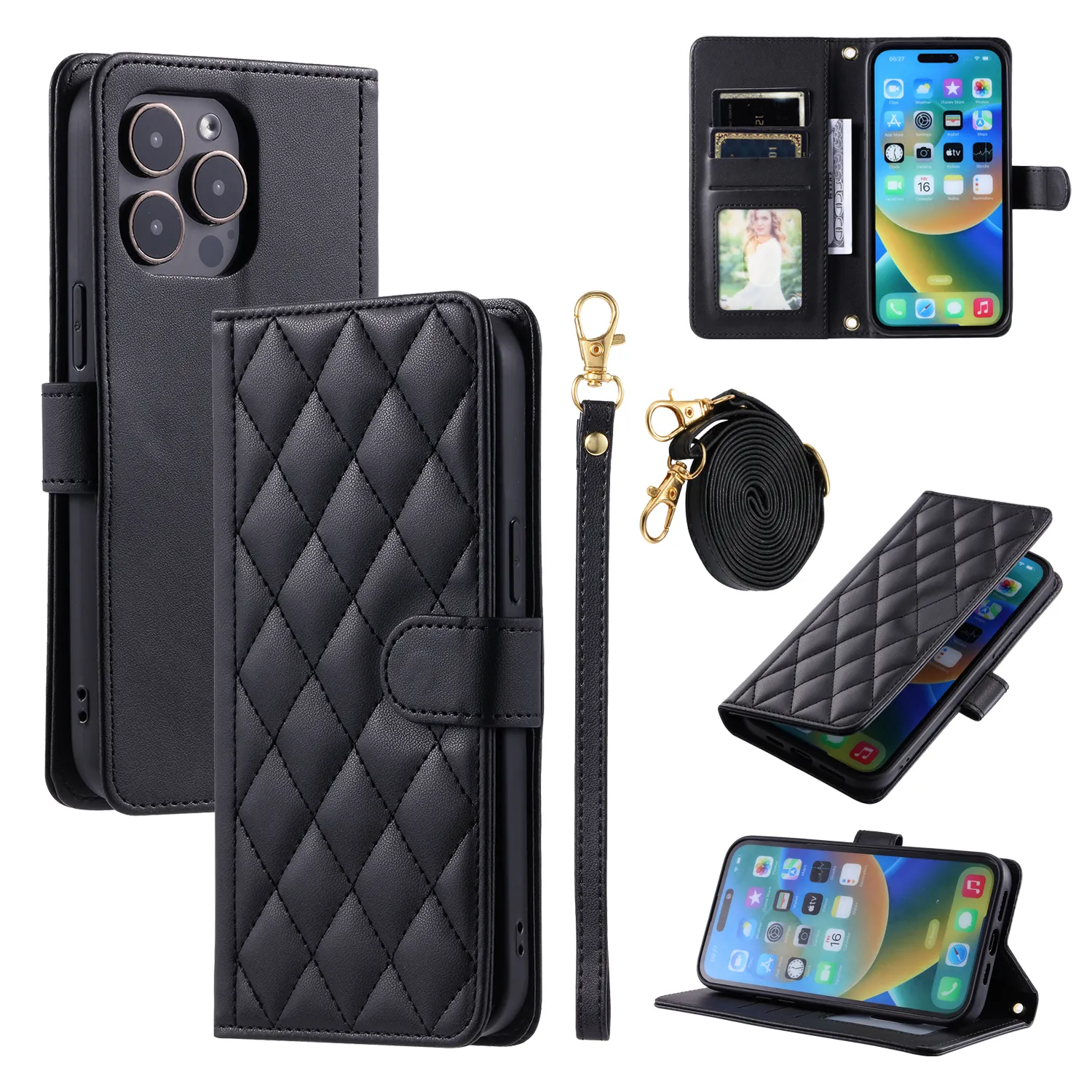 Leather PU Cell Phone Case for iPhone 15 Classic Hot Sale Wallet Lanyard Protective Case for iPhone 14 13 mini 12 11 Pro Max