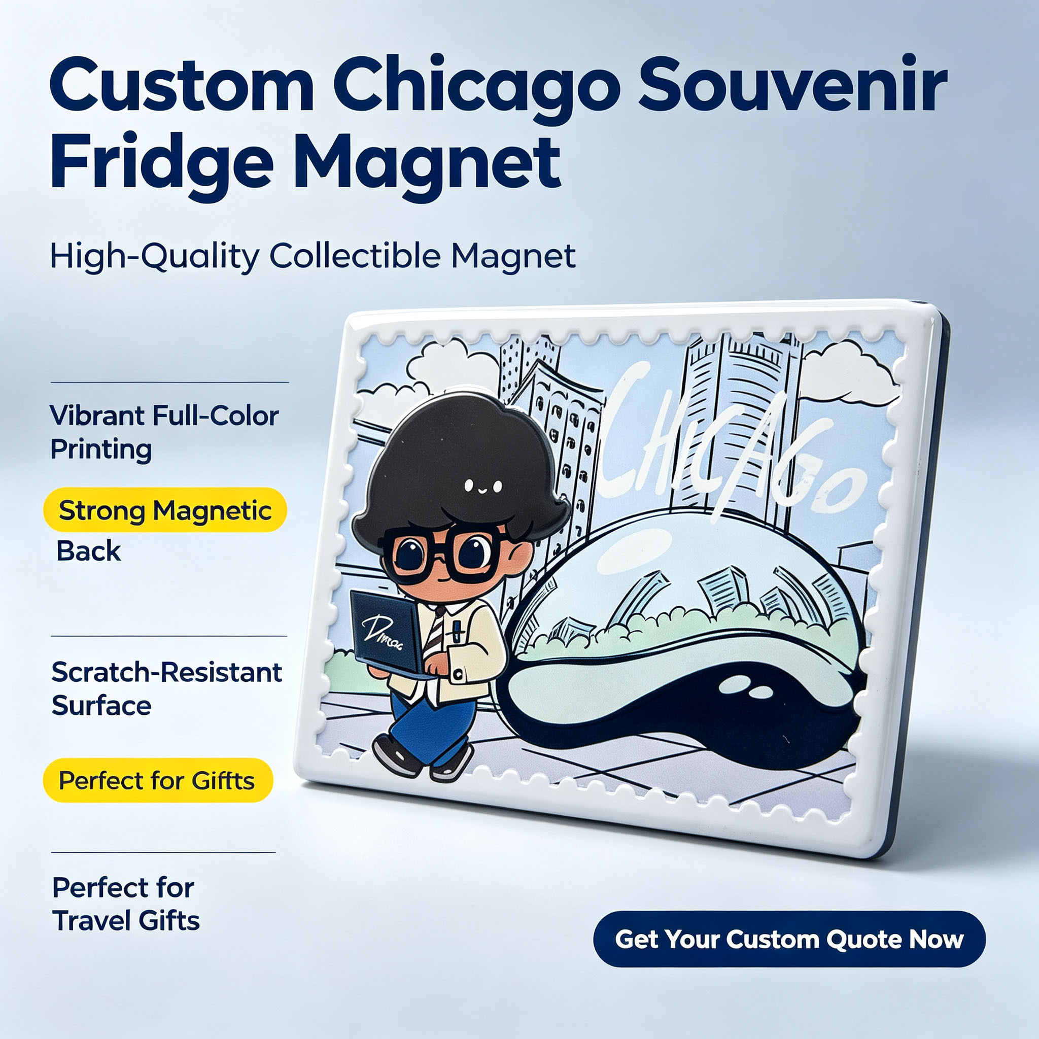 Aimant de réfrigérateur souvenir de Chicago personnalisé, impression couleur, cadeau