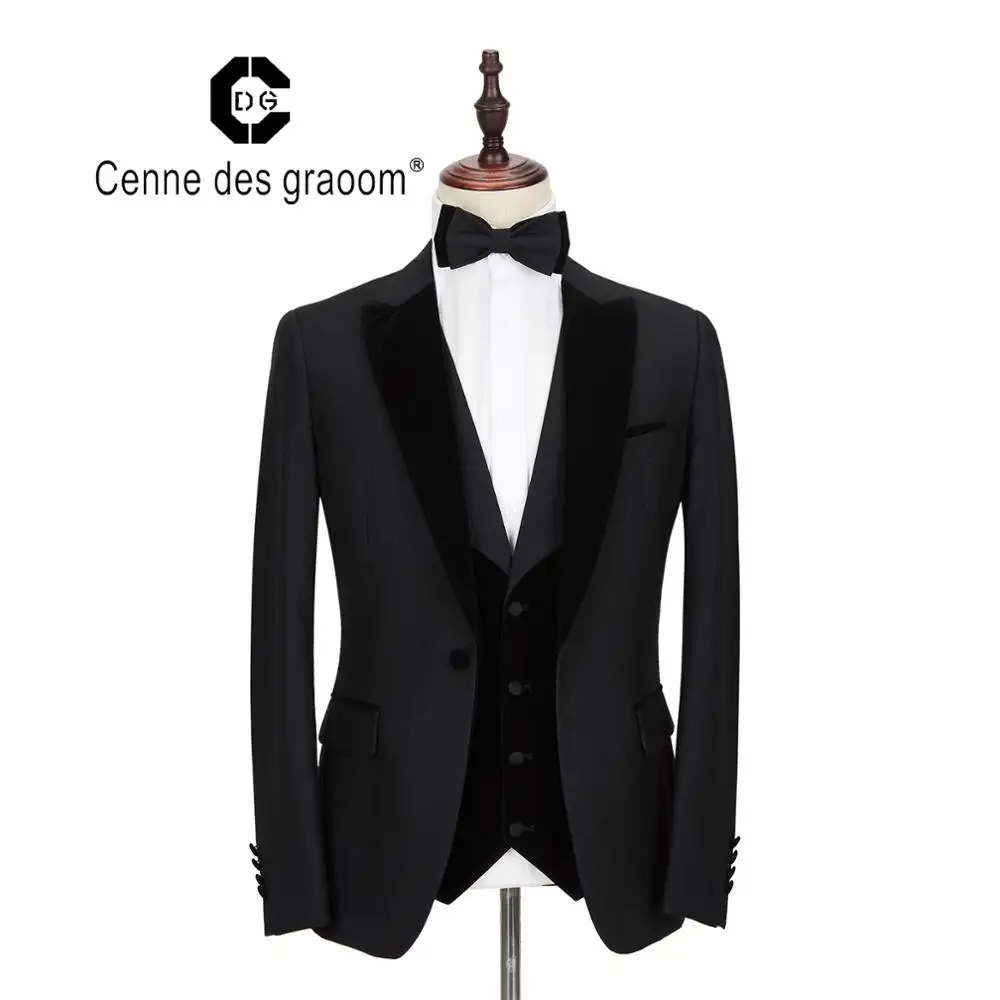 メンズスーツ3ピーススリムフィット結婚式用ブラックカラーディナースーツ男性用Cenne des graoomラペルブレザーチョッキパンツ