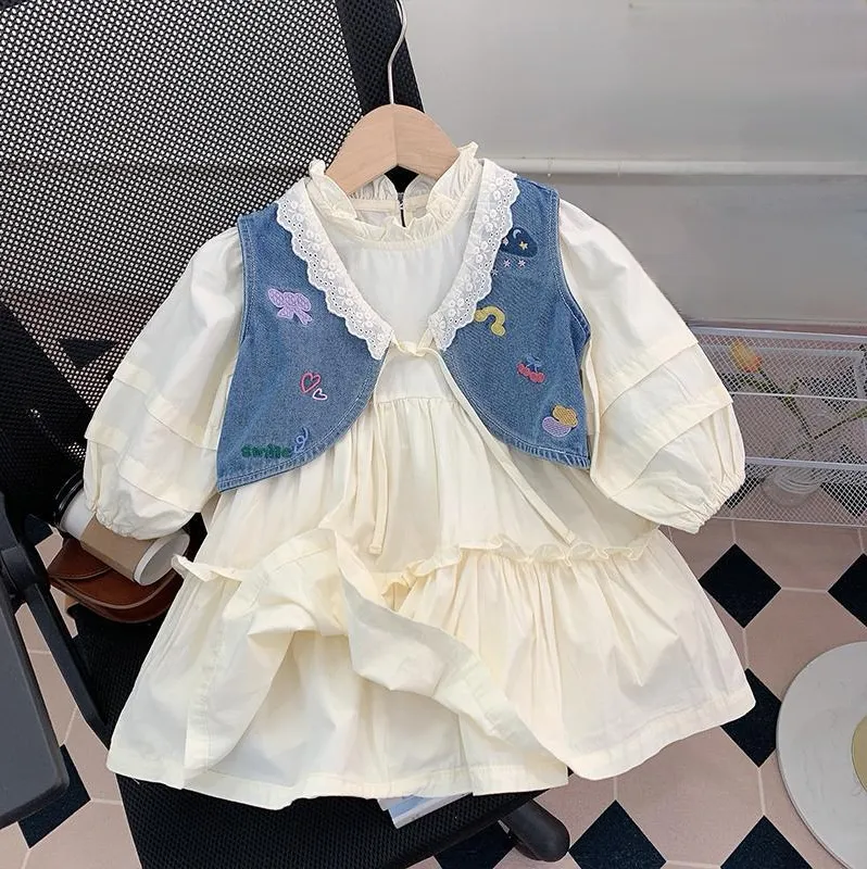 2024 conjuntos de ropa de primavera y otoño para niñas, chaleco vaquero para niños de 2 a 8 años + vestido sólido, conjuntos de ropa de 2 uds para niños