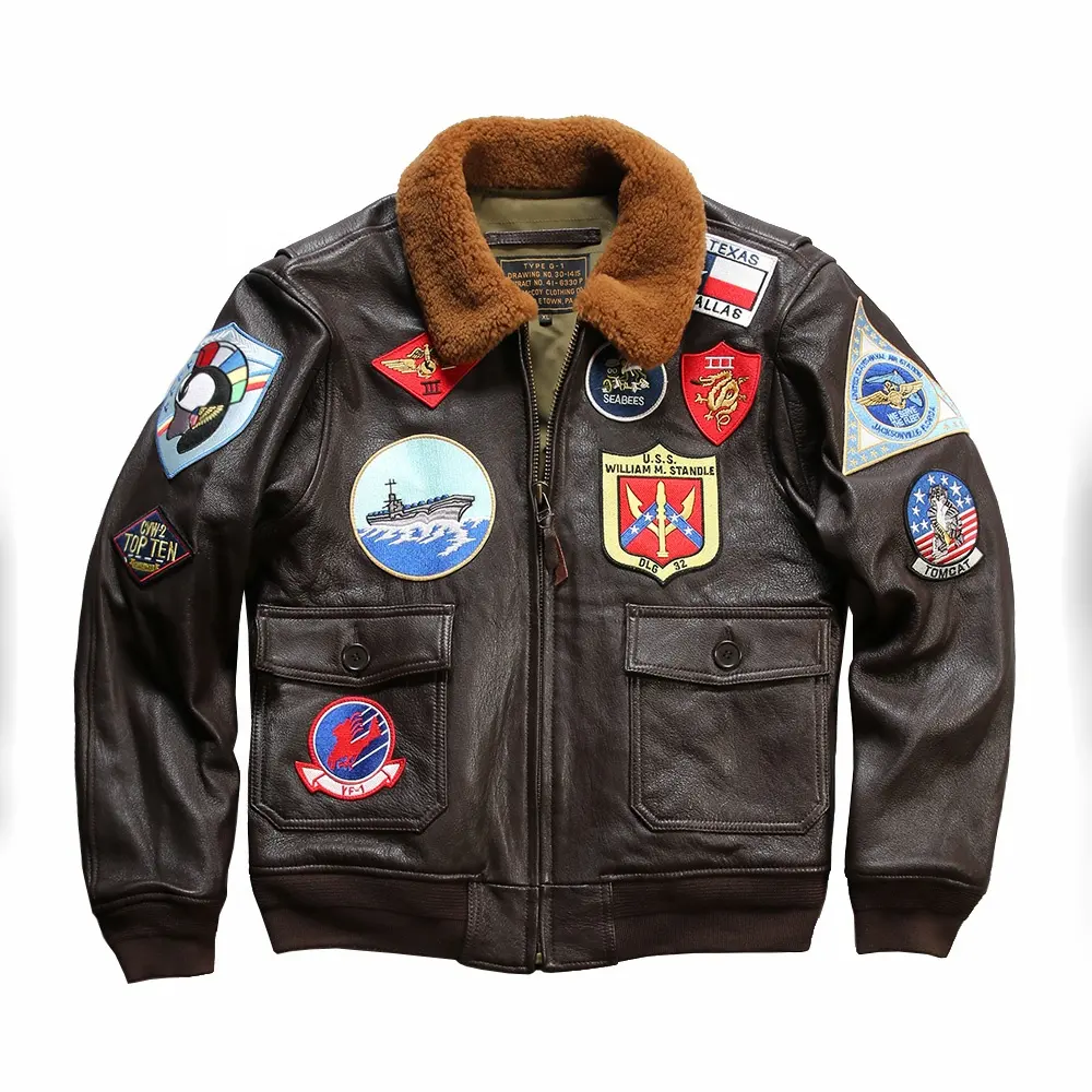 OEM clásico personalizado de alta calidad bordado Top Gun Bomber chaqueta de cuero real motocicleta Cuello de piel Vintage hombres abrigo de piel de cabra