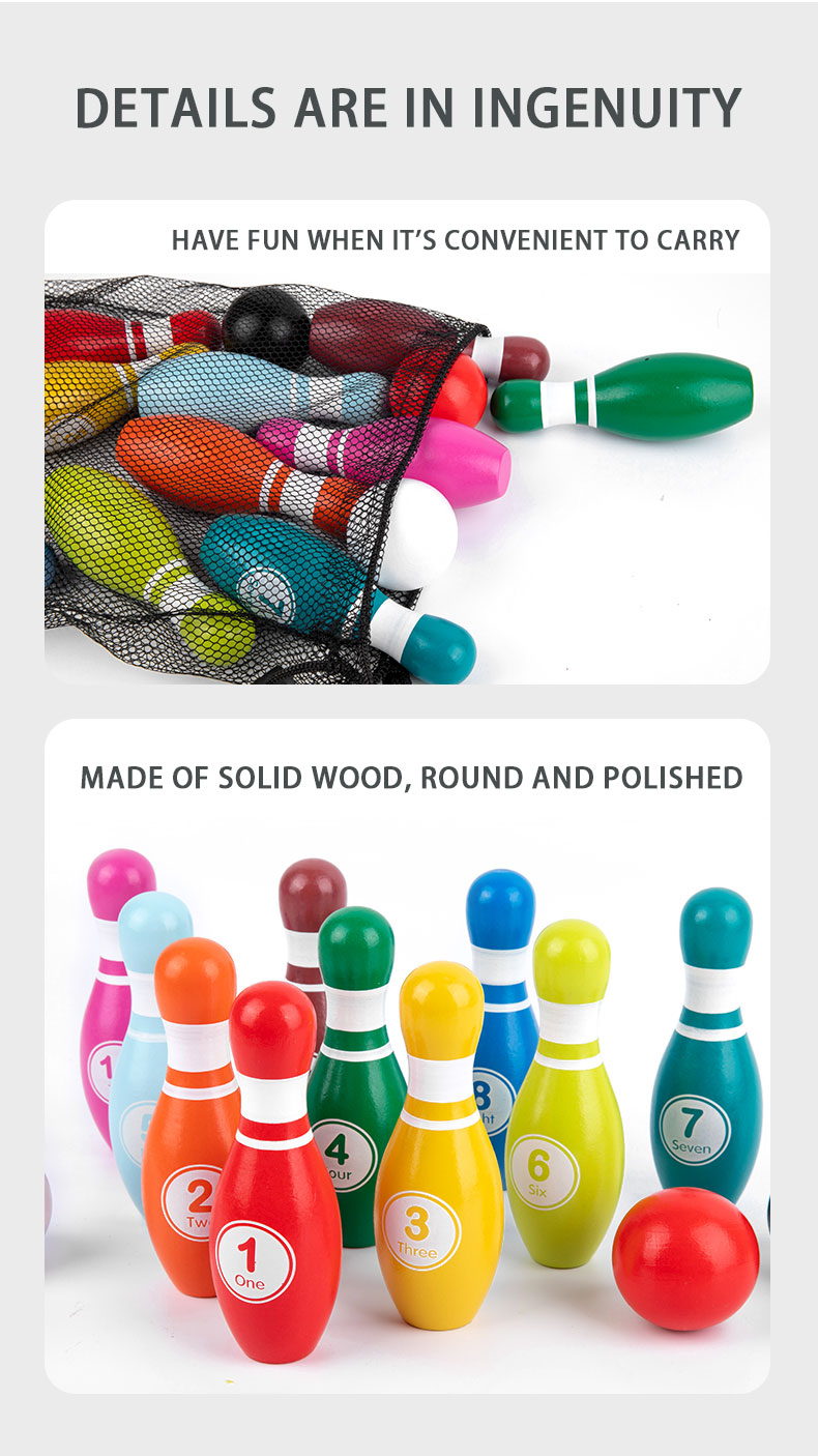 Hot Selling Kid Toy Colorful Wooden Small Bowling Sports Ball Parent-child Interactive Outdoor Games