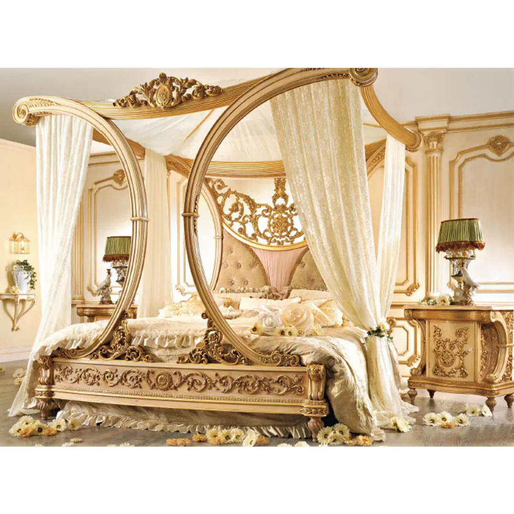 Qualität Royal Classic Schlafzimmer möbel Set Antike goldene Massivholz schnitzereien Kingsize-Bett mit Bett Beistell tisch