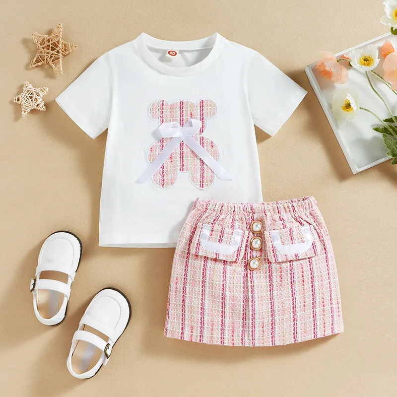 Hot Sale Girls Clothes Fashion Outfits Plaid T-shirt Skirt Two Pieces Summer kids Clothing Sets