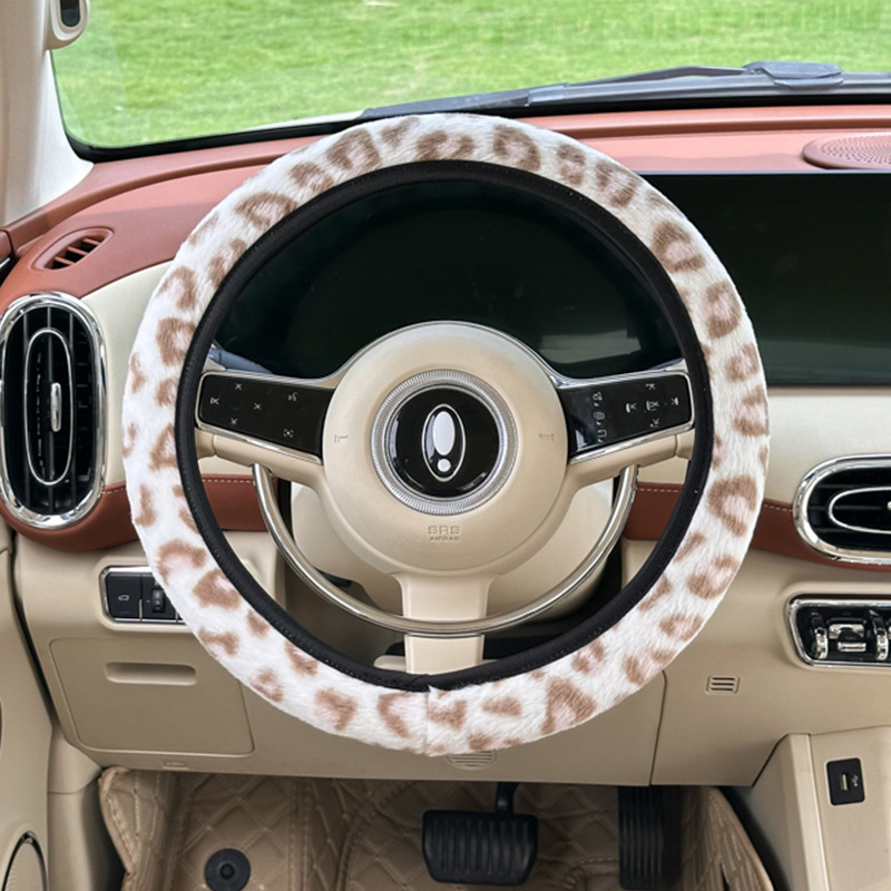 Rabbit fur leopard print steering wheel cover white