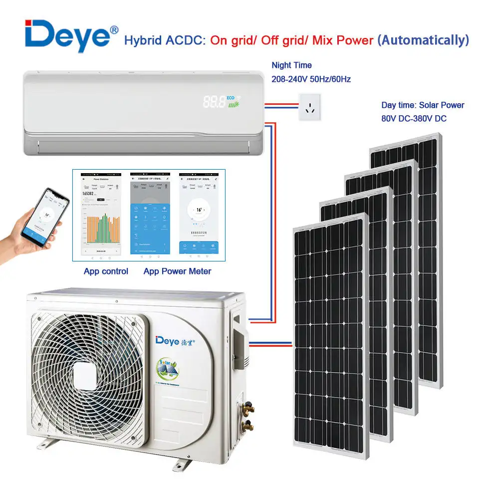 Deye Climatiseur Solaire 12000Btu 1800Btu Solar Ac Dc Units Repuestos híbridos domésticos para aire acondicionado solar