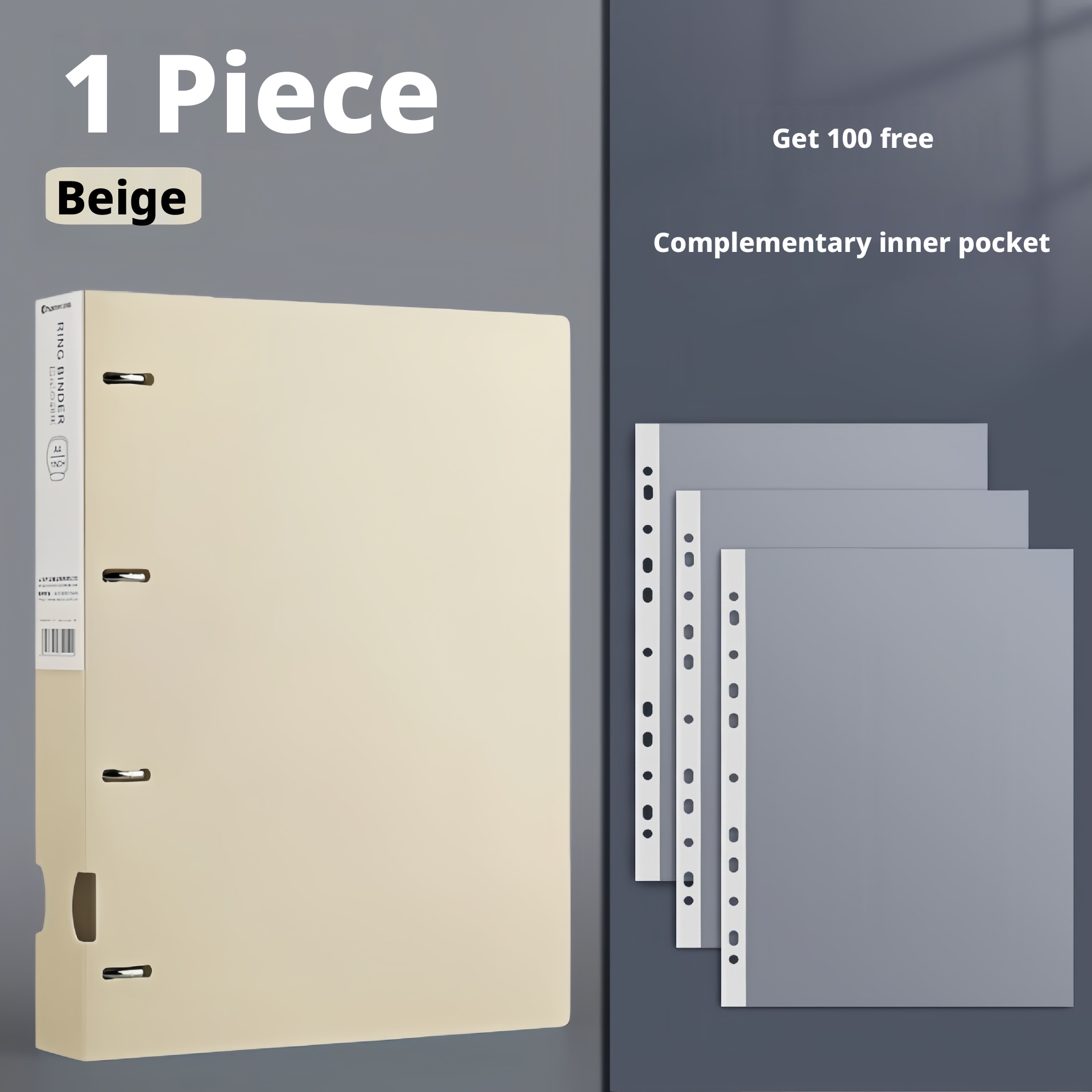 Classeur beige 4 trous avec 100 pochettes à feuilles mobiles