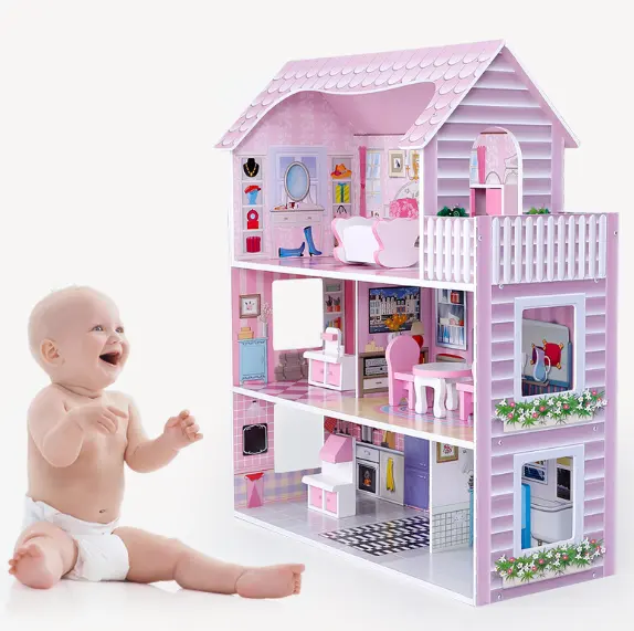 Gaya Baru 3 Lantai Rumah Boneka Kayu Besar Anak Perempuan Mebel Permainan Rumah Mainan Set Pendidikan