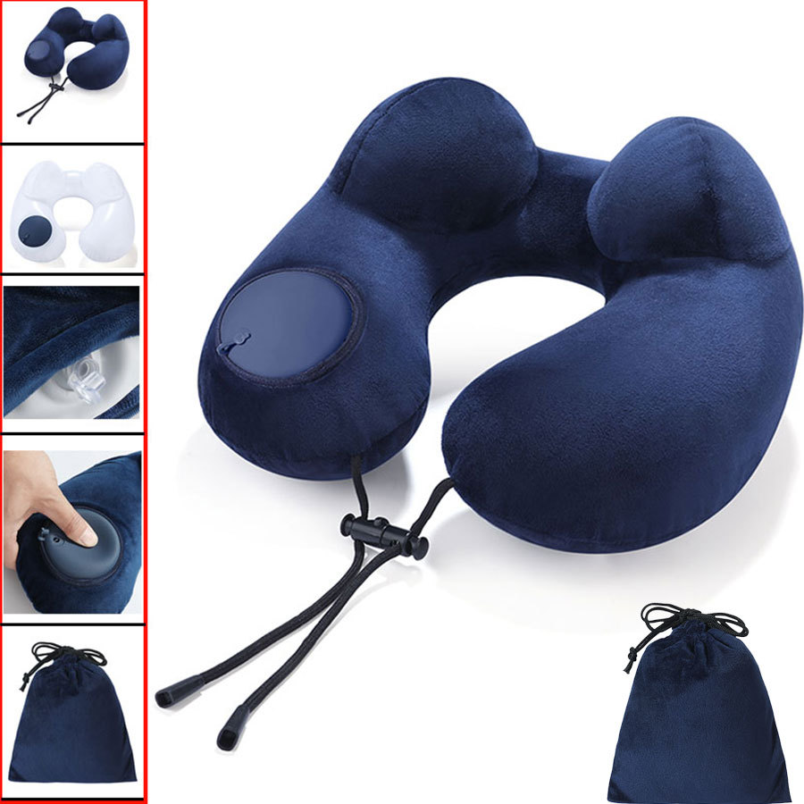 Dark blue camel hump inflatable travel pillow storage bag