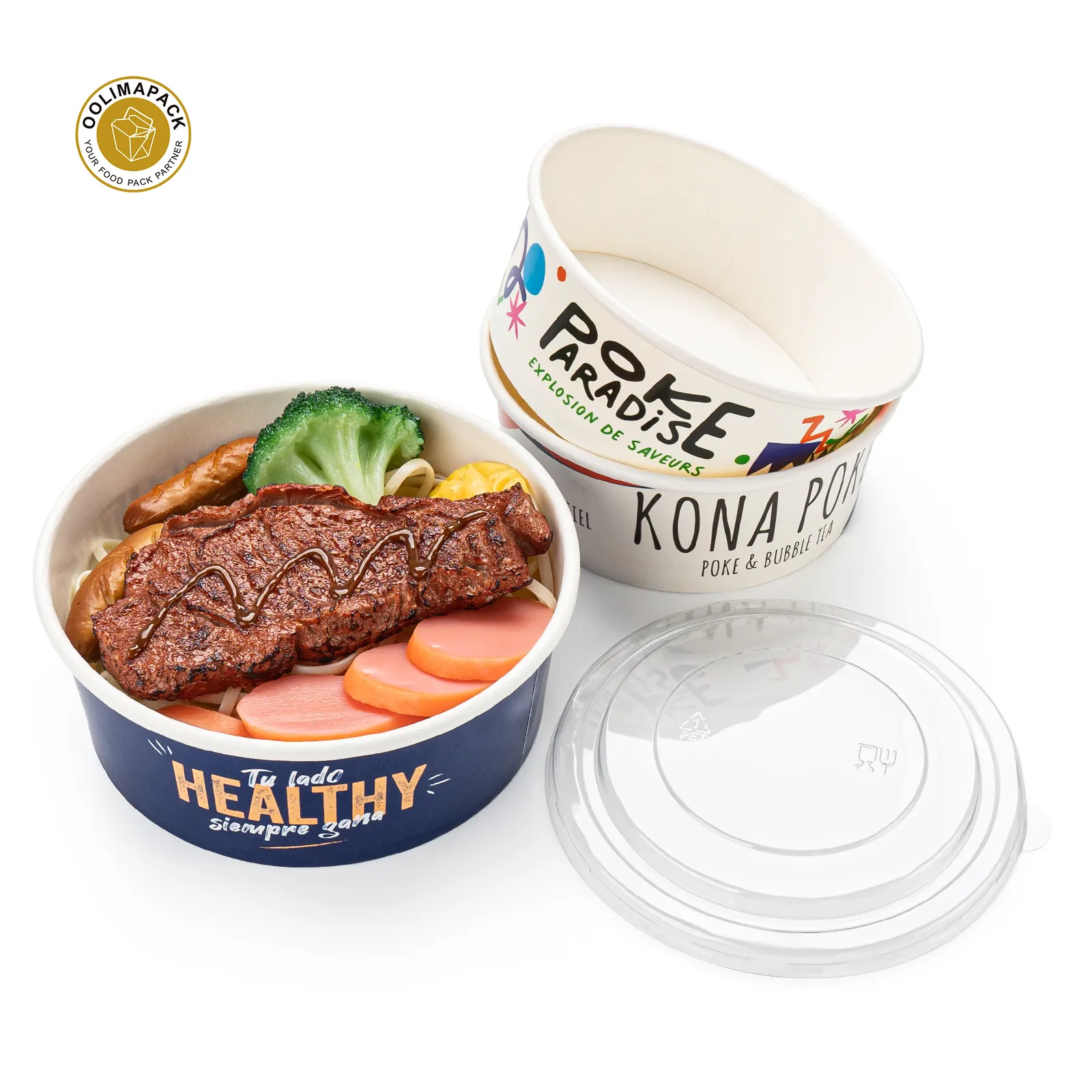OOLIMAPACK Descartável Impressão Logotipo Papel Salada Poke Bowl Com Tampa para Sopa Quente de Alimentos Frio