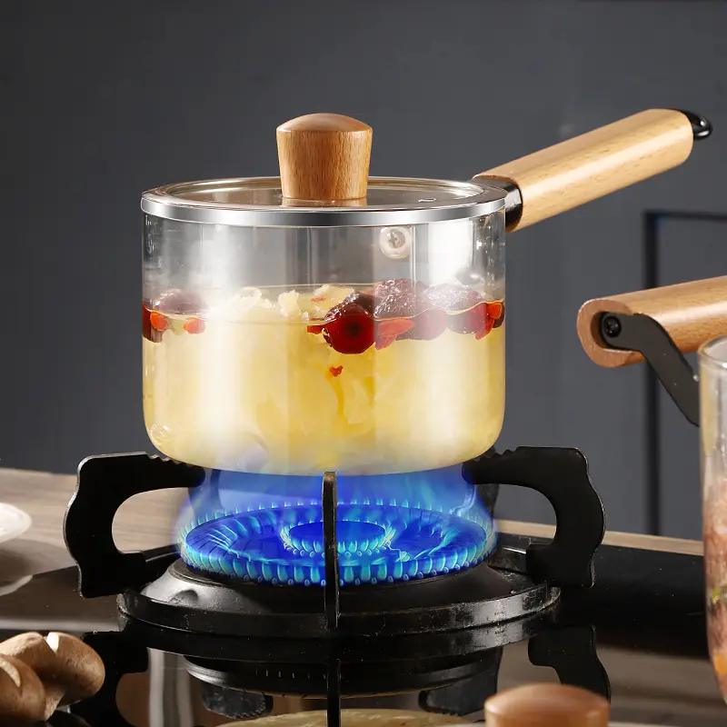 Steetop — ustensiles de cuisine en verre de 1,5 l, résistant à la chaleur, petit pot à lait, poêle à Sauce en verre avec couvercle en bambou ou en bois