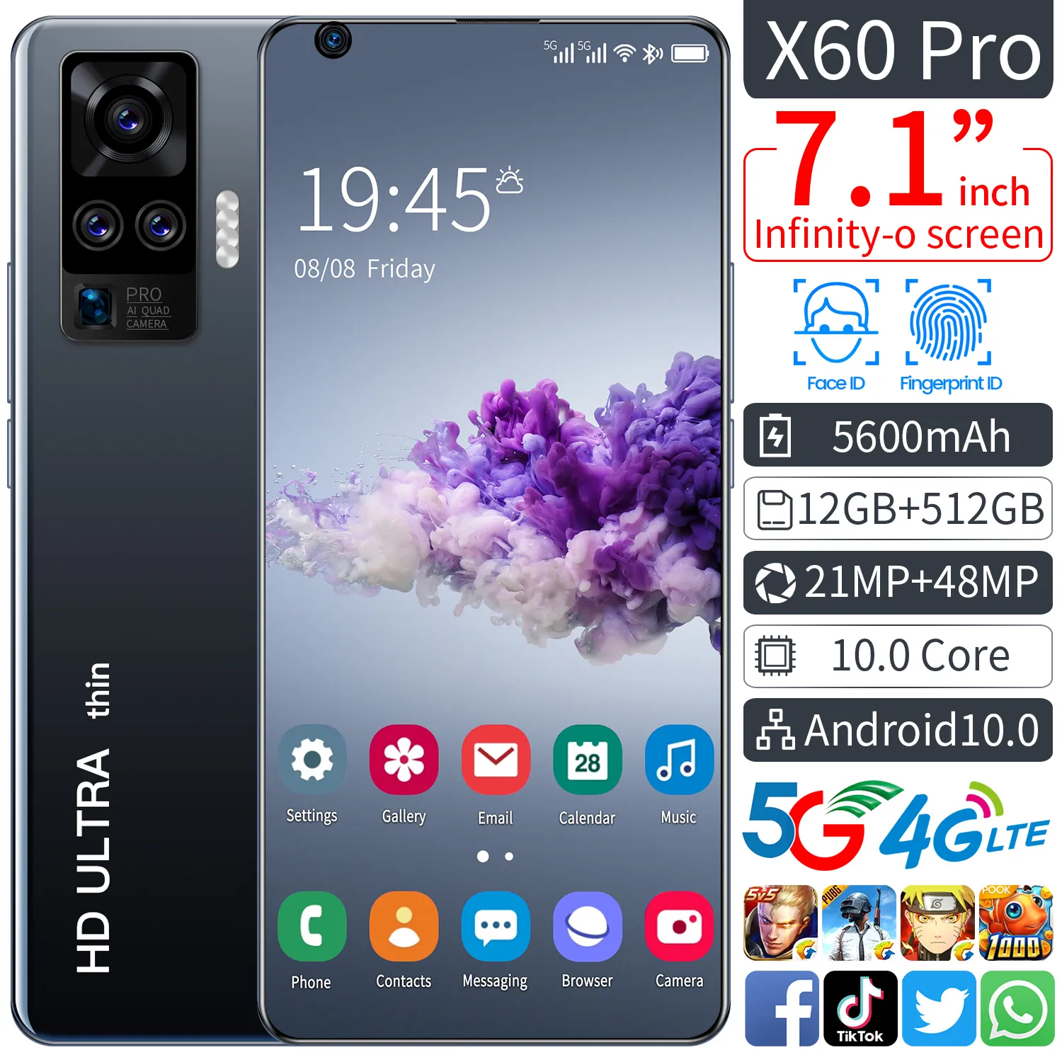 Smartphone x60 pro desbloqueado, celular 7.1 polegadas, 3040x1440, mtk6799, 10 core, android 12gb + 512gb, 5g 5600mah grande capacidade celular