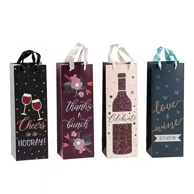 Bolsas de papel personalizadas para botellas de champán, cerveza y licor, al por mayor, con asa para regalo de vino, bolsa de papel Premium