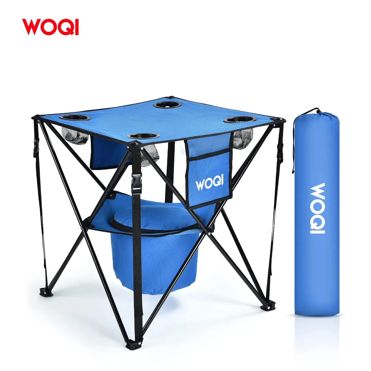 WOQI – Table à hayon pliable Portable, Table de Camping avec 4 porte-gobelets et panier alimentaire isolé
