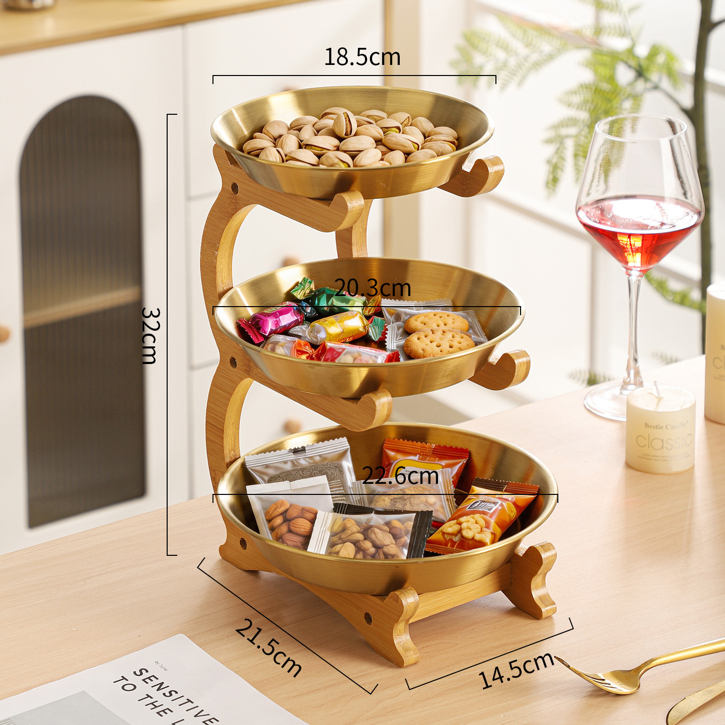 Three-tier bamboo frame stainless steel tray (gold)