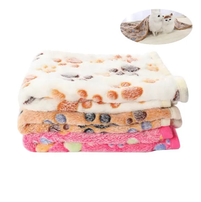 Soft Flannel Fleece Dog Blanket Warm Paw Print Pet Throw Bed Cover