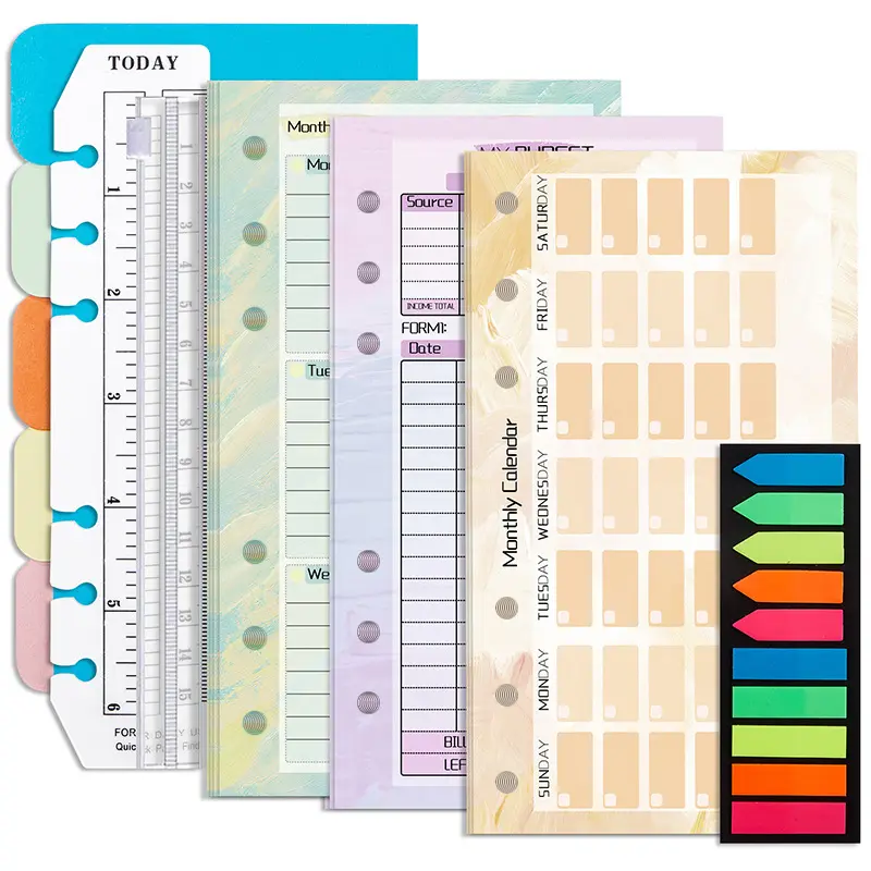 Nuevo accesorio de núcleo de repuesto de hoja suelta de 6 agujeros índice presupuesto semana plan mensual reemplazar página interior A6 cuaderno